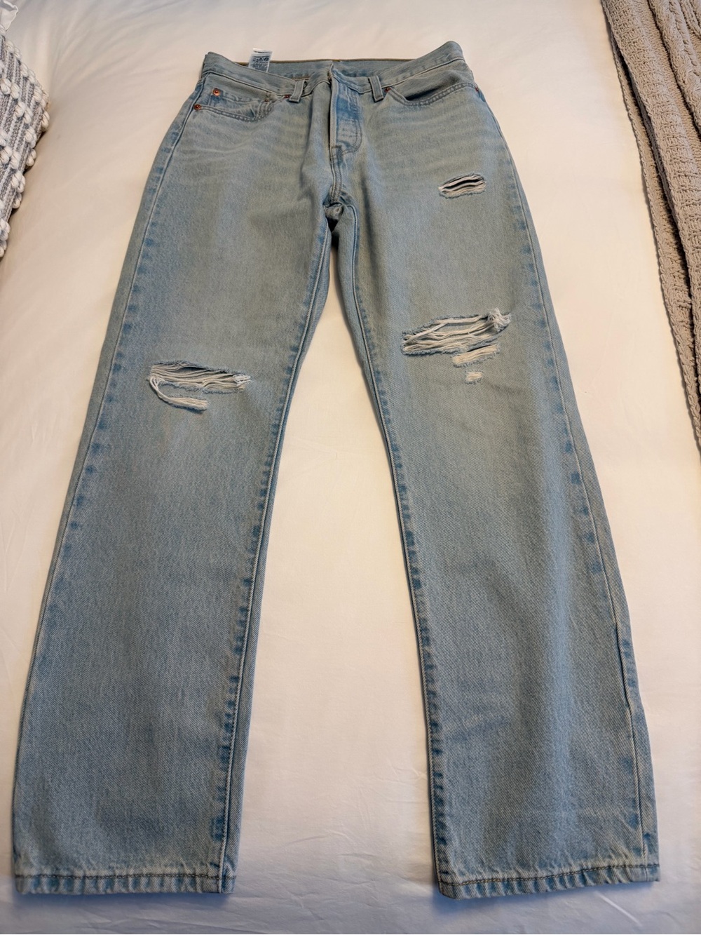Levi’s 501 Light Wash Distressed Straight-Leg Jeans button fly.